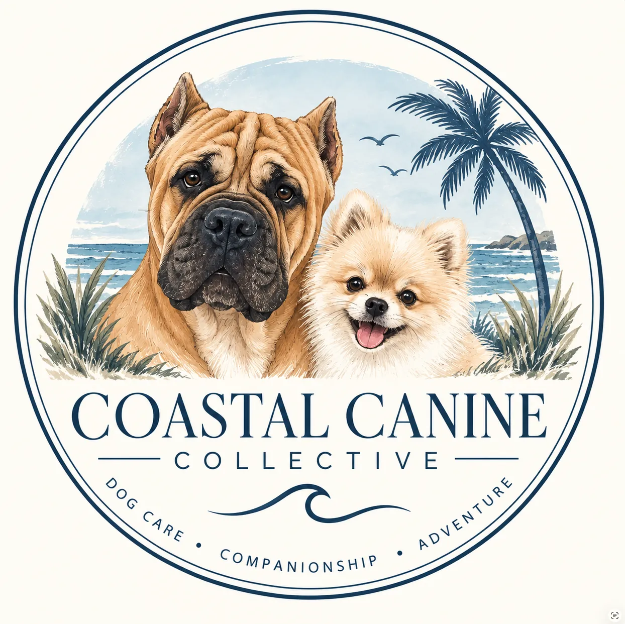 The Coastal Canine Collective roundel — a cane corso and a pomeranian on a San Diego shoreline, above the words Dog Care, Companionship, Adventure.